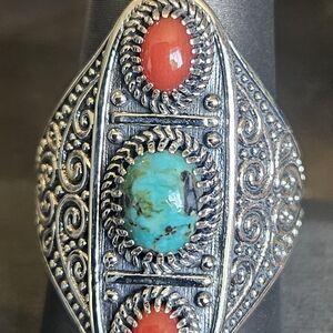 D'Joy Blue Moon Turquoise & Coral Ring 925 Silver
